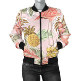 Pink Flamingo Birds Pineapples Hibiscus Flower Pattern Women'S Bomber Jacket
