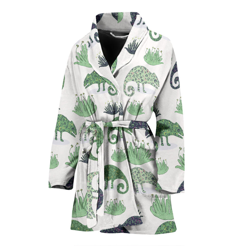 Chameleon Lizard Succulent Plant Pattern Women'S Bathrobe
