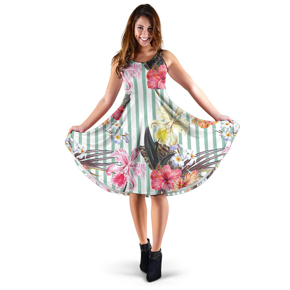 Colorful Orchid Flower Pattern Sleeveless Midi Dress