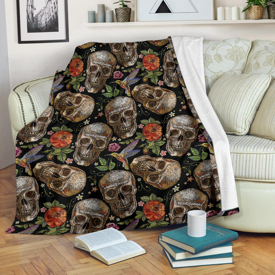 Skull Rose Humming Bird Flower Pattern Premium Blanket