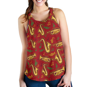 Saxophone cornet pattern red background Women Racerback Tank Top