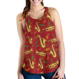 Saxophone cornet pattern red background Women Racerback Tank Top
