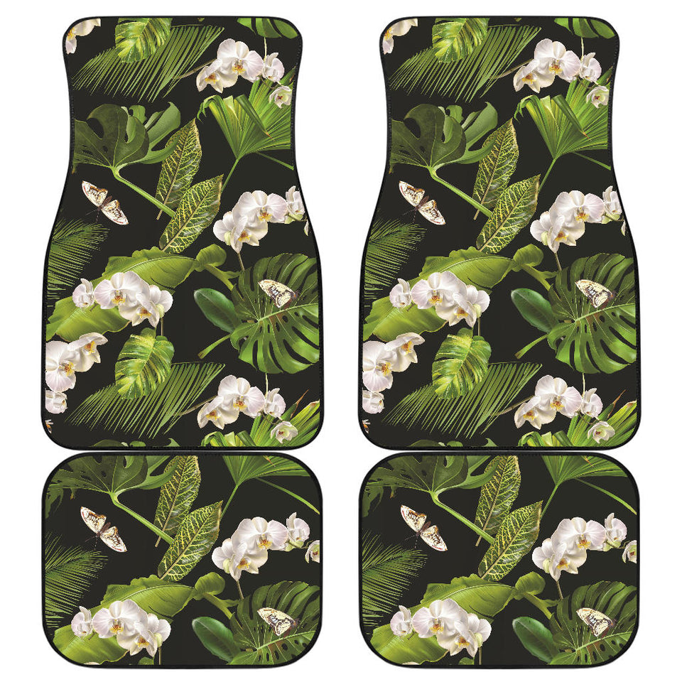 White Orchid Flower Tropical Leaves Pattern Blackground Front And Back Car Mats