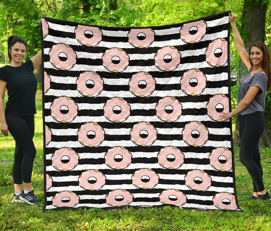 Donuts Pink Icing Striped Pattern Premium Quilt