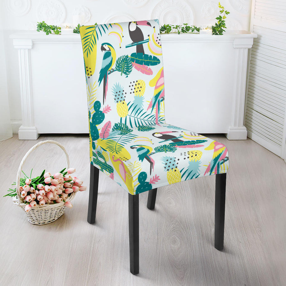 Cute Parrot Toucan Flamingo Cactus Exotic Leaves Pattern Dining Chair Slipcover