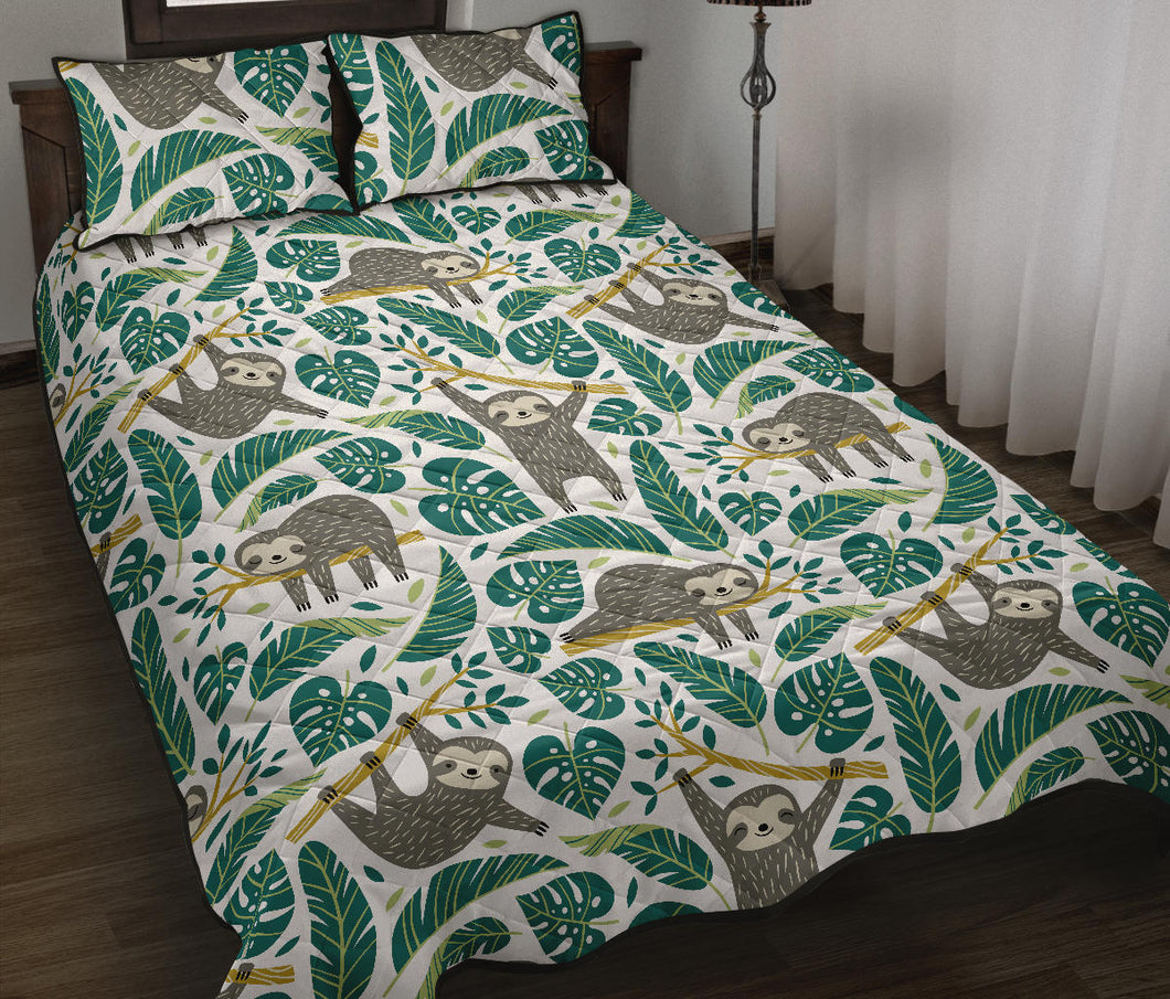 Cute sloths tropical palm leaves white background Quilt Bed Set