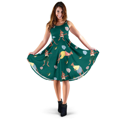 Kangaroo Leaves Pattern Sleeveless Midi Dress