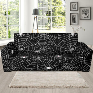 Spider Web Design Pattern Black Background White Cobweb Sofa Slipcover