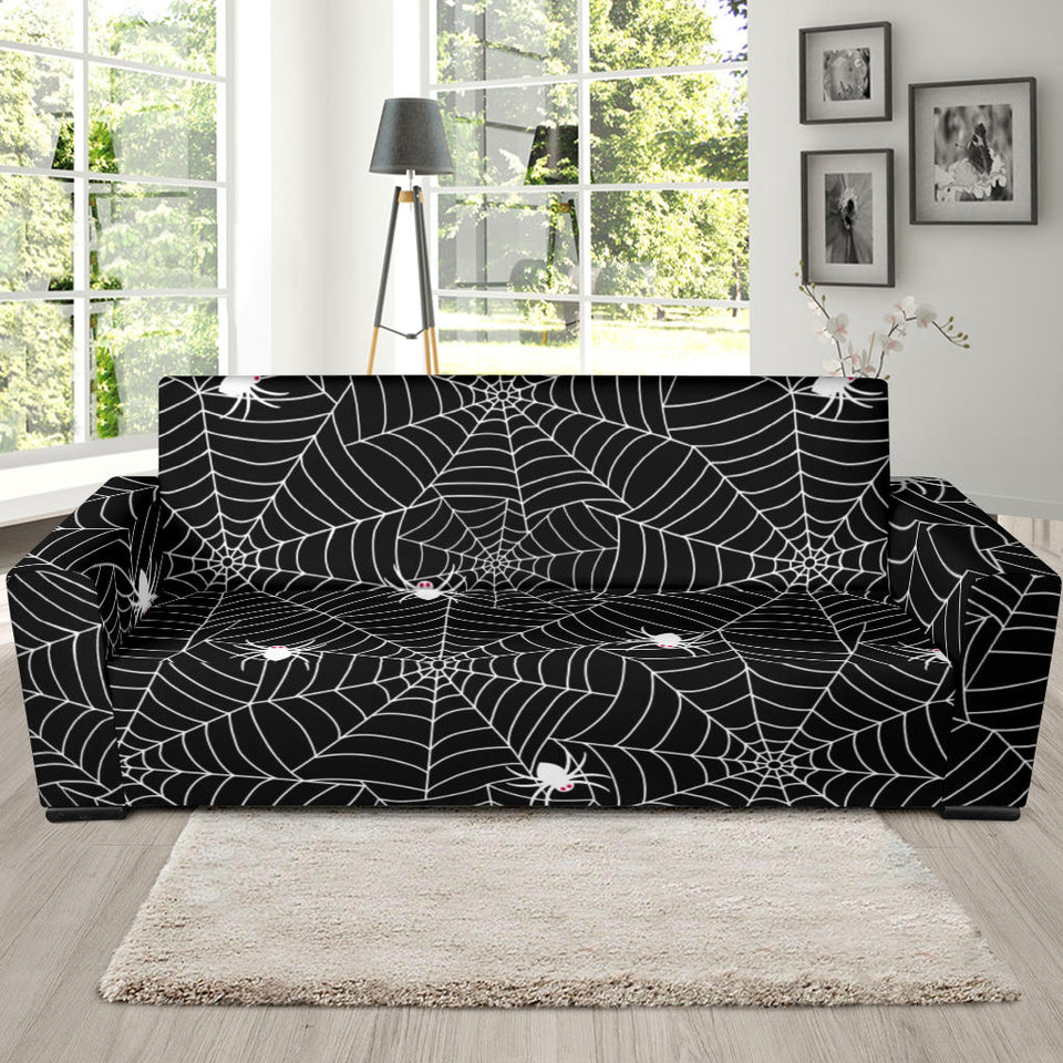 Spider Web Design Pattern Black Background White Cobweb Sofa Slipcover