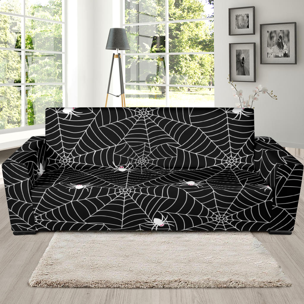 Spider Web Design Pattern Black Background White Cobweb Sofa Slipcover