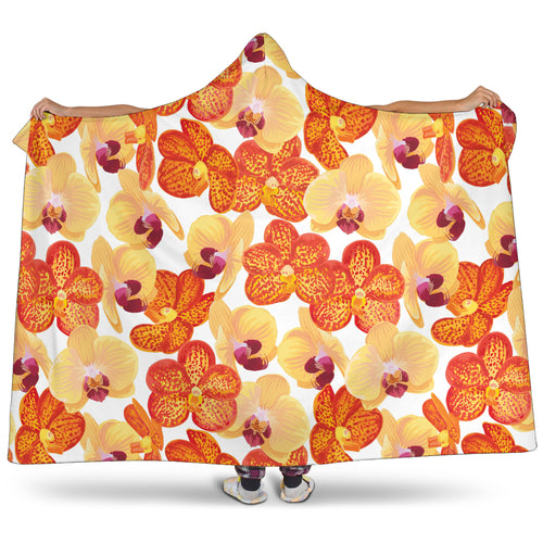 Orange Yellow Orchid Flower Pattern Background Hooded Blanket
