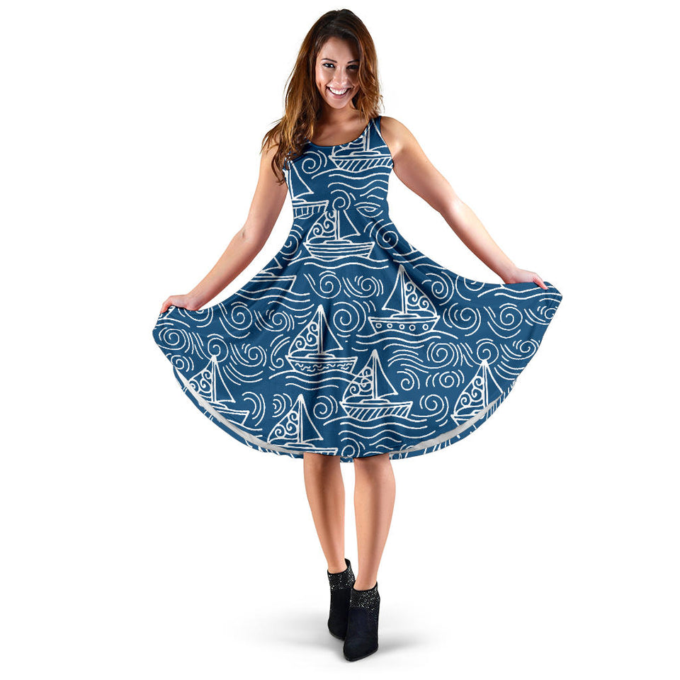 Hand Drawn Sailboat Pattern Sleeveless Midi Dress