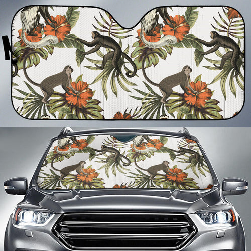 Monkey Red Hibiscus Flower Palm Leaves Floral Pattern Car Sun Shade