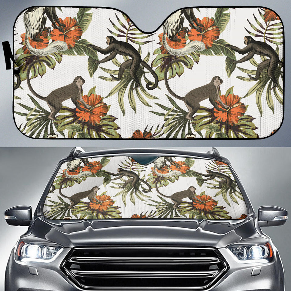 Monkey Red Hibiscus Flower Palm Leaves Floral Pattern Car Sun Shade