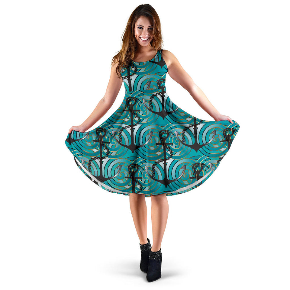 Anchor Nautical Green Background Sleeveless Midi Dress
