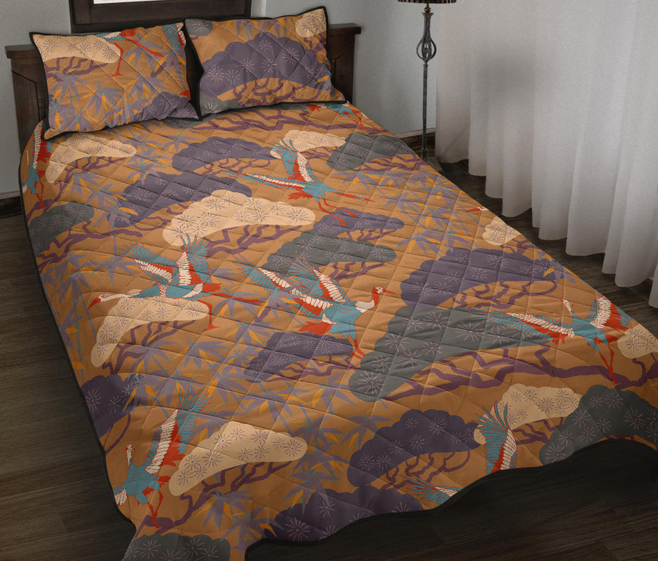 Bonsai bamboo stork japanese pattern brown theme Quilt Bed Set