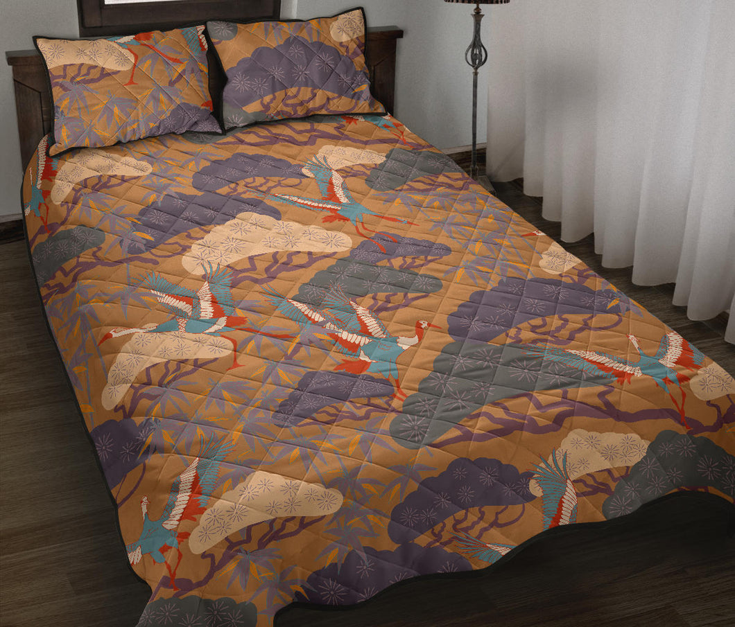 Bonsai bamboo stork japanese pattern brown theme Quilt Bed Set