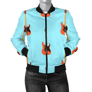 Electric Guitar Pattern Light Blue Background Women'S Bomber Jacket