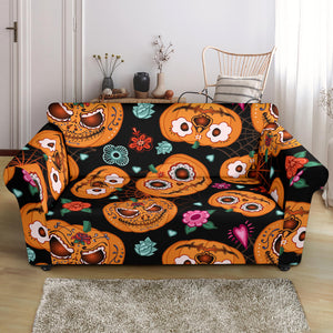 Pumpkin Flowers Spiderweb Halloween Theme Loveseat Couch Slipcover