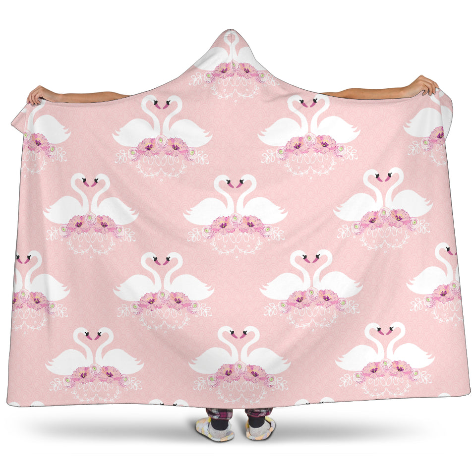 White Swan And Flower Love Pattern Hooded Blanket