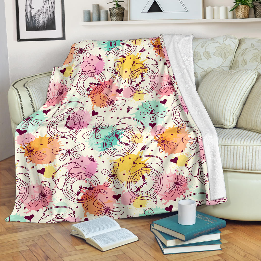 Clock Butterfly Pattern Premium Blanket