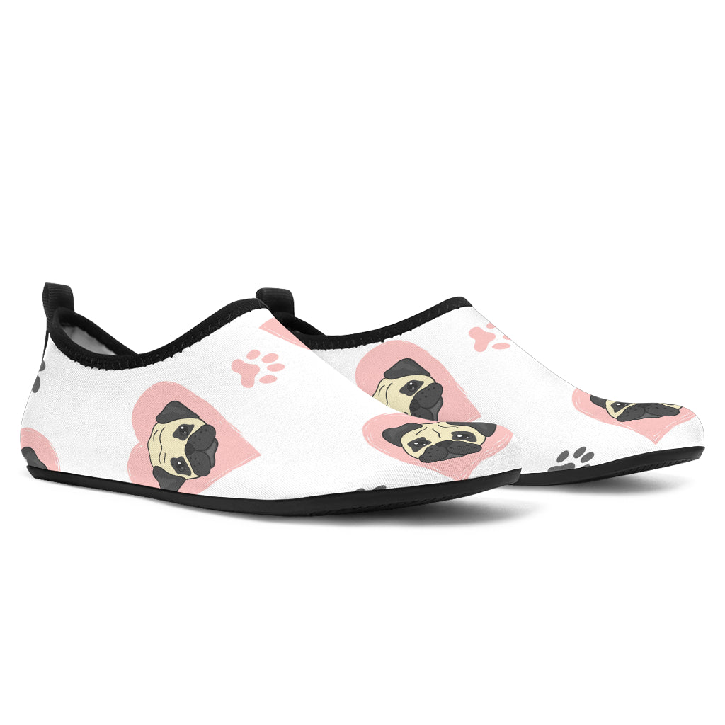 Cute Pugs Pink Heart Paw Pattern Aqua Shoes