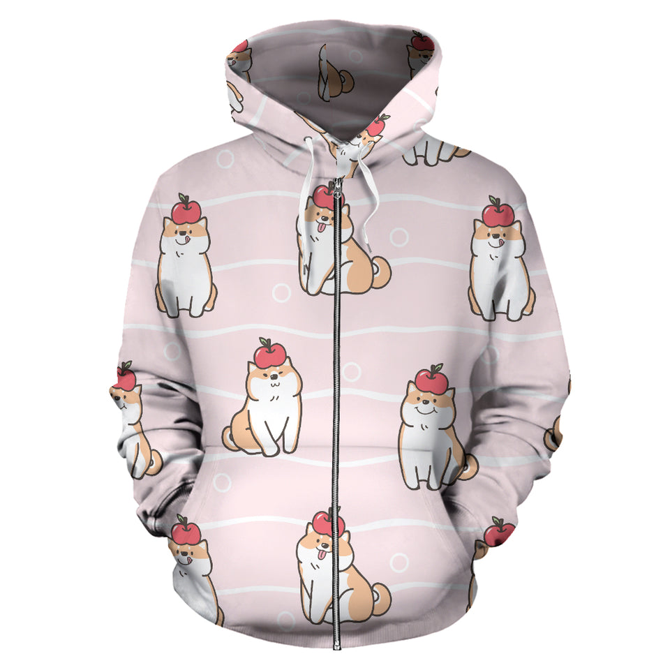 Cute Shiba Inu Dog Apple Pattern Zip Up Hoodie