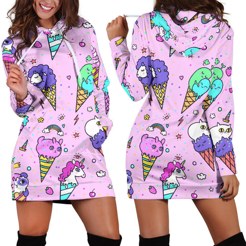 Cute Ice Cream Cone Animal Pattern Women'S Hoodie Dress