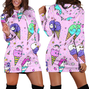 Cute Ice Cream Cone Animal Pattern Women'S Hoodie Dress