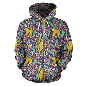 Cute Yellow Monkey Leaves Pattern Zip Up Hoodie