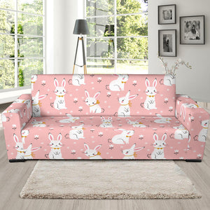 Cute White Rabbit Flower Pink Background Sofa Slipcover