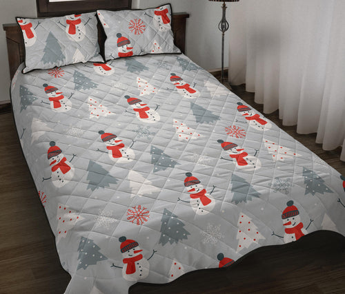 Snowman christmas  tree snow gray background Quilt Bed Set