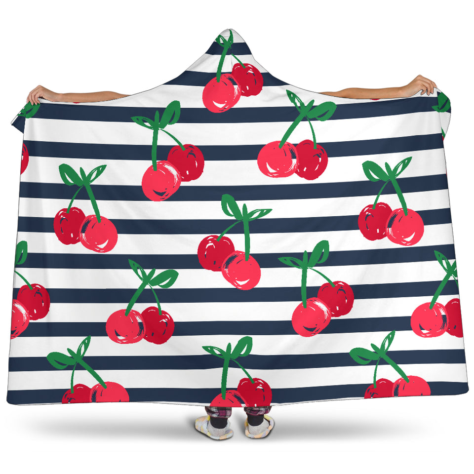 Hand Drawn Cherry Pattern Striped Background Hooded Blanket