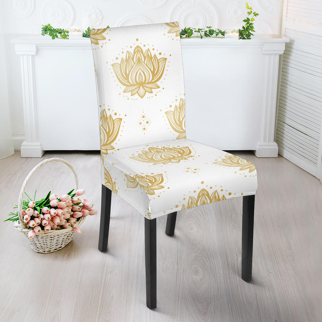 Gold Ornamental Lotue Waterlily Symbol Pattern Dining Chair Slipcover