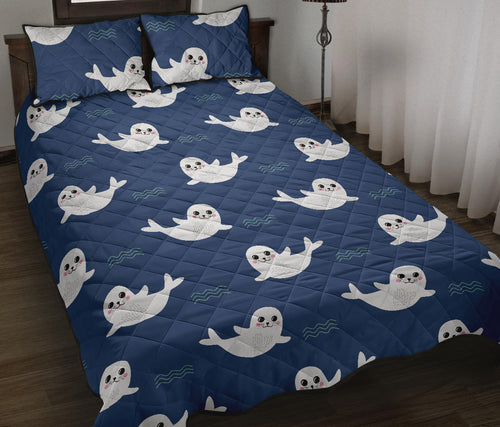 Cute white baby sea lion seal pattern Quilt Bed Set