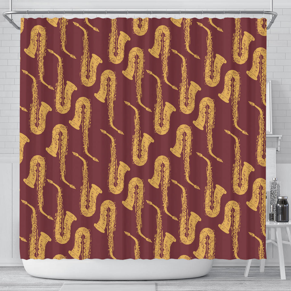 Hand Drawn Gold Saxophone Red Background  Shower Curtain Fulfilled In US