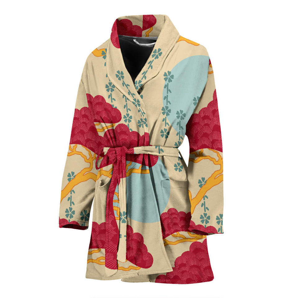 Red Bonsai Gray Sun Japanese Pattern Women'S Bathrobe