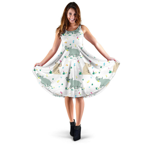 Cute Rhino Pattern Sleeveless Midi Dress
