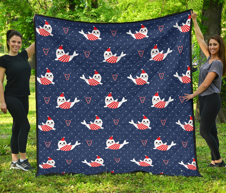 Cute Sea Lion Seal Christmas Hat Candy Cane Heart Pattern Premium Quilt