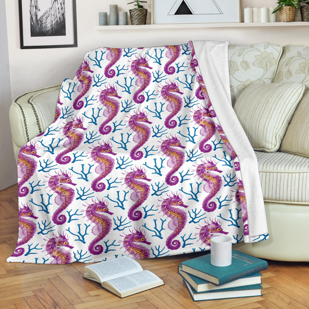 Purple Seahorse Blue Coral Pattern Premium Blanket