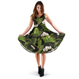 White Orchid Flower Tropical Leaves Pattern Blackground Sleeveless Midi Dress