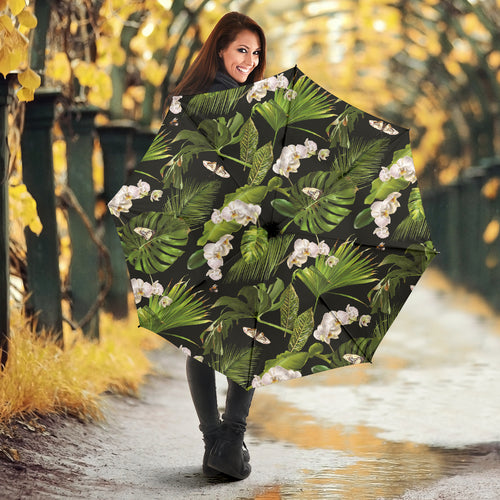 White Orchid Flower Tropical Leaves Pattern Blackground Umbrella