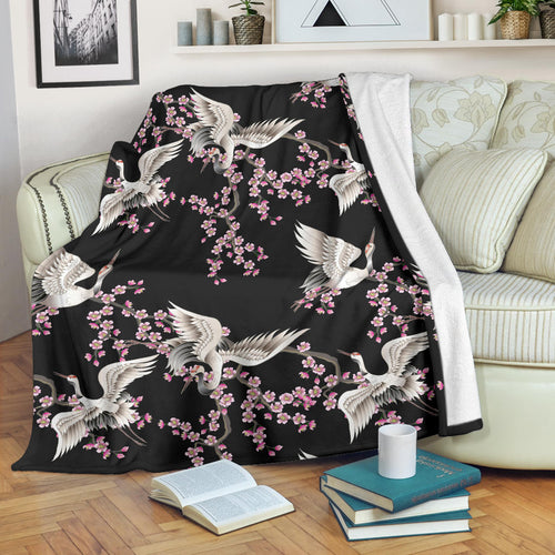 Japanese Crane Pink Sakura Pattern Premium Blanket