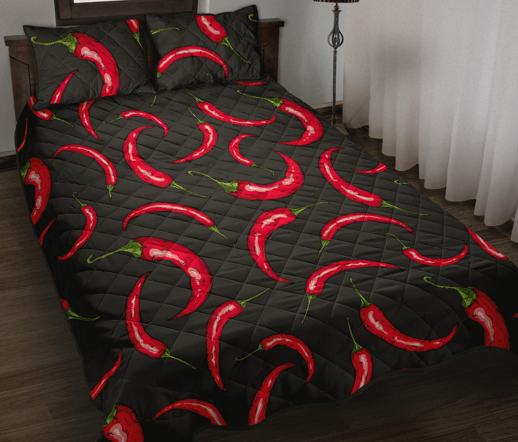 Chili peppers pattern black background Quilt Bed Set