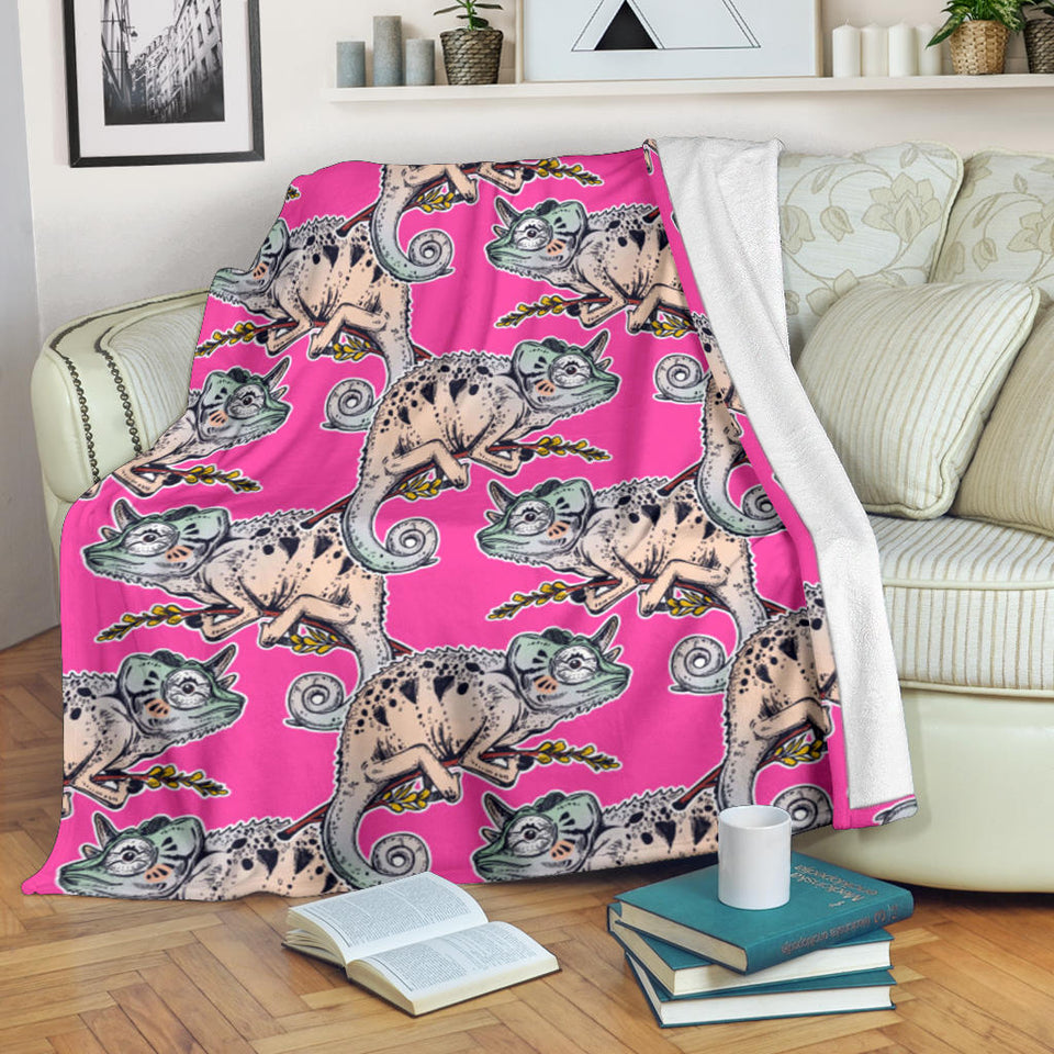 Chameleon Lizard Pattern Pink Background Premium Blanket