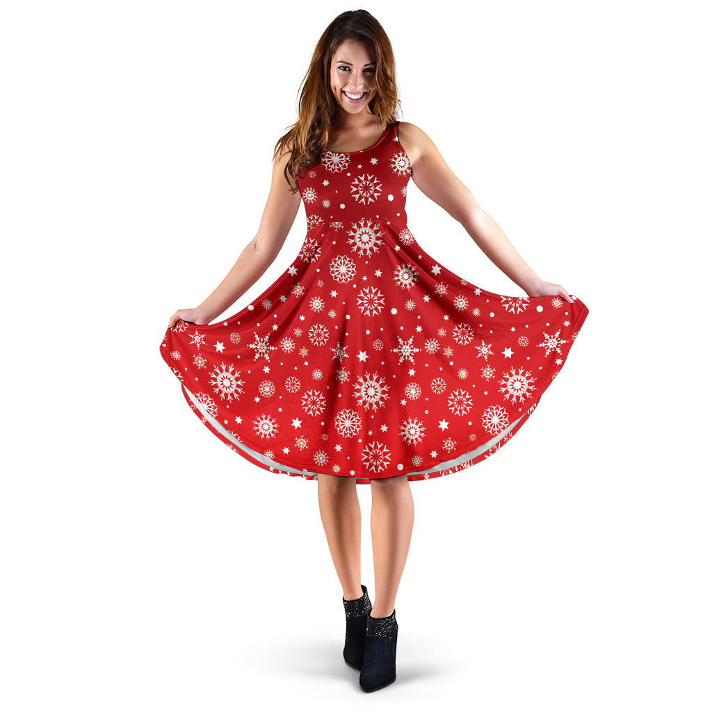Snowflake Pattern Red Background Sleeveless Midi Dress