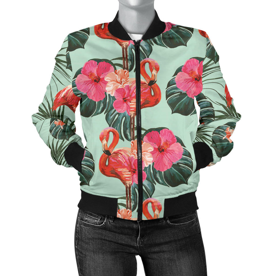Beautiful Flamingo Tropical Palm Leaves Hibiscus Pateern Background Women'S Bomber Jacket