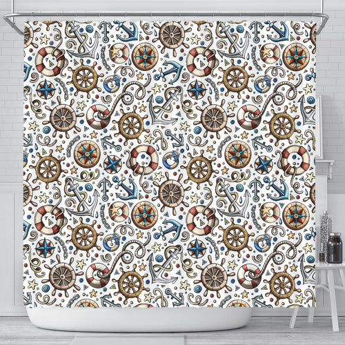 Cute Nautical Steering Wheel Anchor Pattern Shower Curtain Fulfilled In US