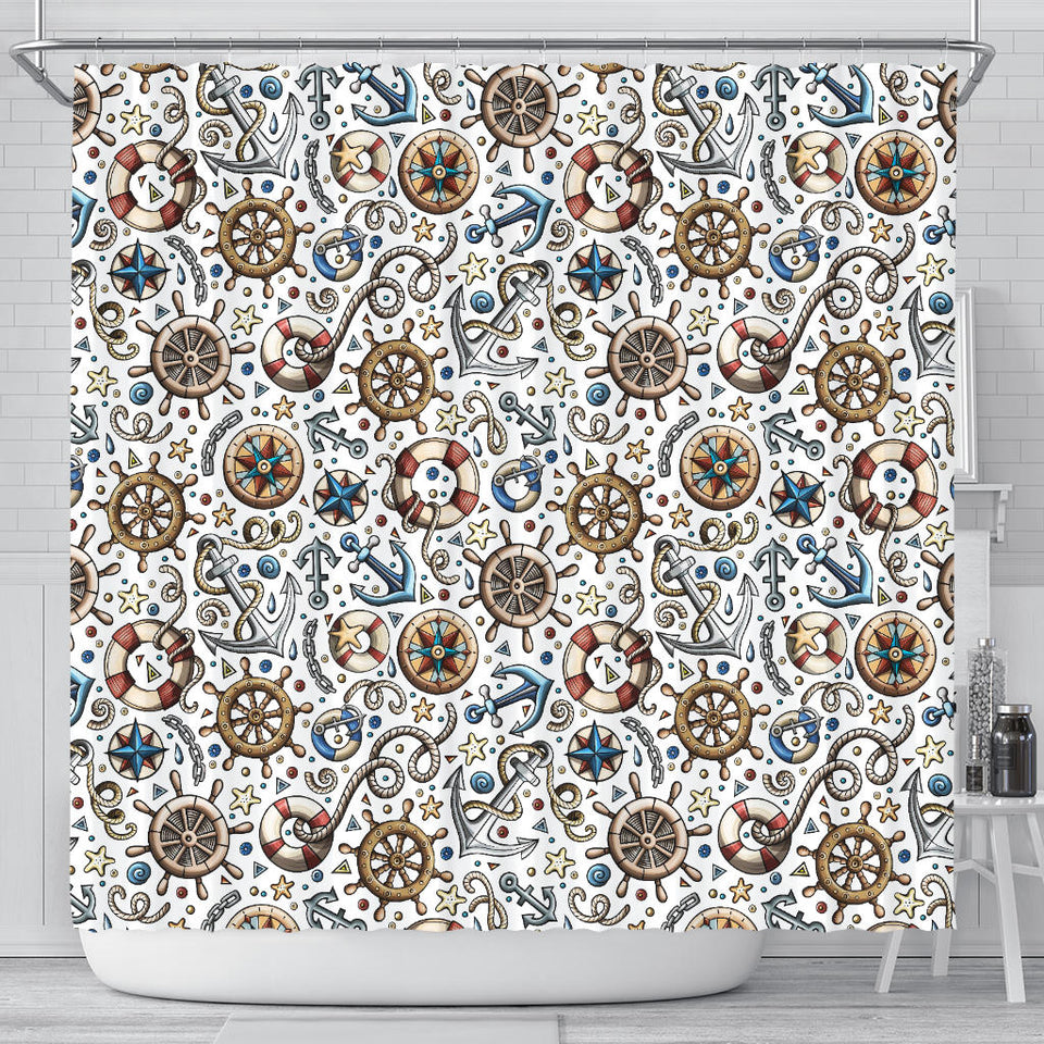 Cute Nautical Steering Wheel Anchor Pattern Shower Curtain Fulfilled In US