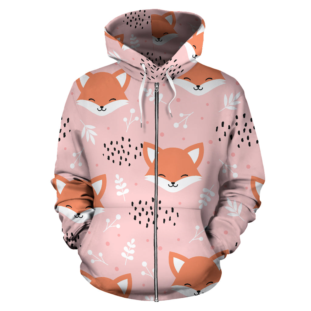 Cute Fox Pattern Pink Background Zip Up Hoodie